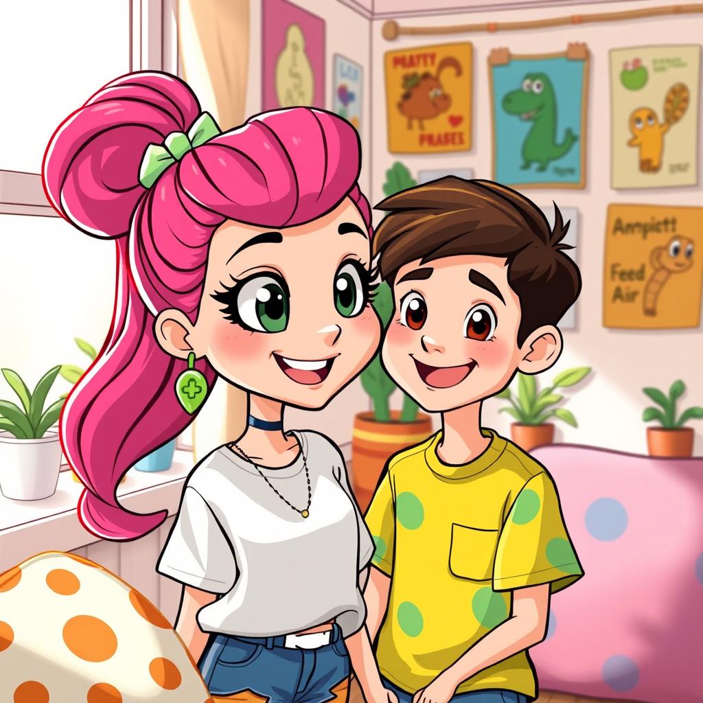 A vibrant and colorful cartoon-style scene featuring a pretty girl with vibrant hair and a boy, both smiling and interacting in a cozy room