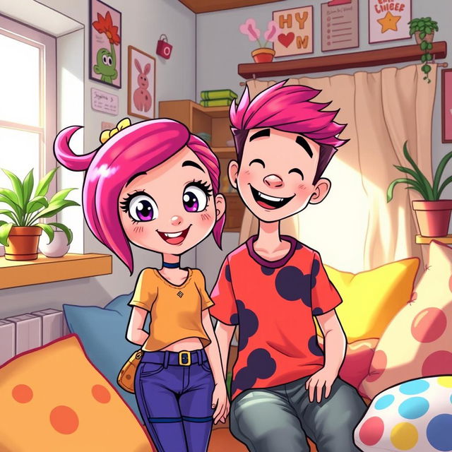 A vibrant and colorful cartoon-style scene featuring a pretty girl with vibrant hair and a boy, both smiling and interacting in a cozy room