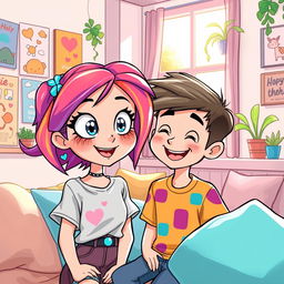 A vibrant and colorful cartoon-style scene featuring a pretty girl with vibrant hair and a boy, both smiling and interacting in a cozy room