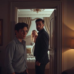 A tense and emotional scene depicting a man standing in the doorway of a luxurious bedroom, witnessing his wife in a passionate embrace with another man