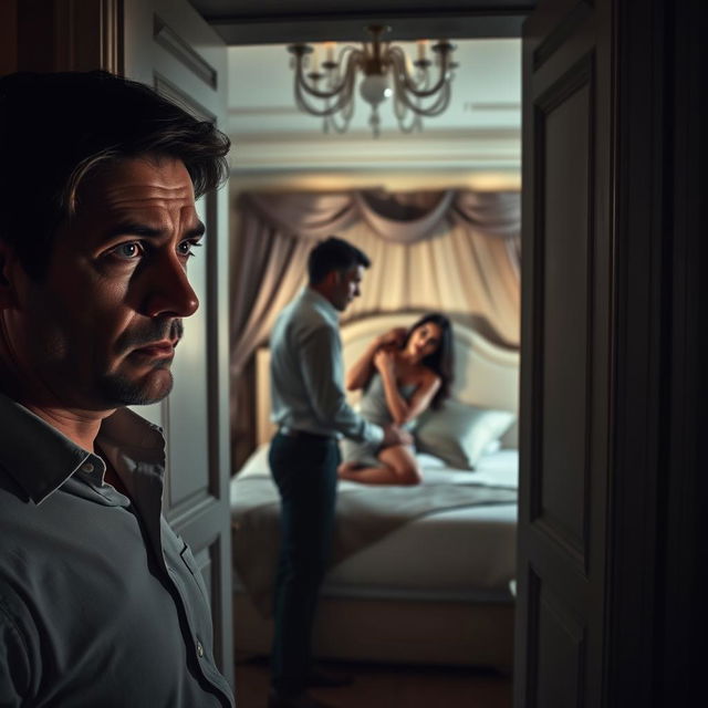 A tense and emotional scene depicting a man standing in the doorway of a luxurious bedroom, witnessing his wife in a passionate embrace with another man