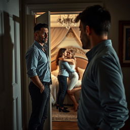 A tense and emotional scene depicting a man standing in the doorway of a luxurious bedroom, witnessing his wife in a passionate embrace with another man