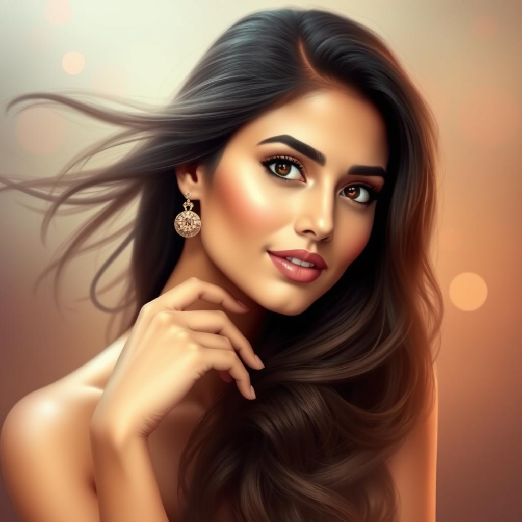 A beautiful and alluring artistic representation of a woman inspired by the essence of Nitibha Kaul, with a focus on her captivating features and charming personality