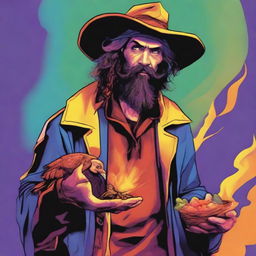 A comic-style digital art illustration features a homeless vagrant wild magic sorcerer