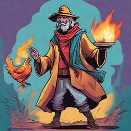 A comic-style digital art illustration features a homeless vagrant wild magic sorcerer