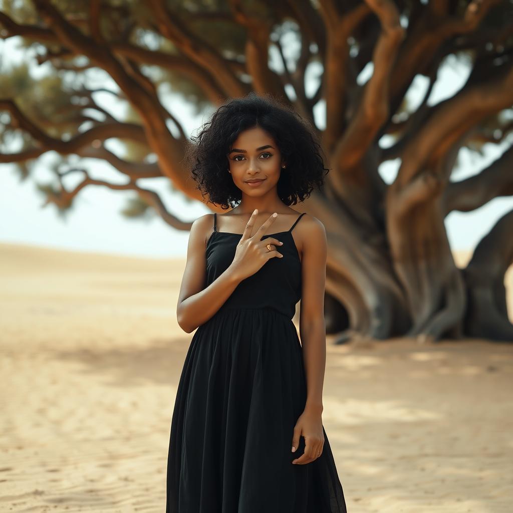 A girl standing under a dark, sprawling tree in a vast desert area, her expression serene and blank