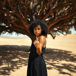 A girl standing under a dark, sprawling tree in a vast desert area, her expression serene and blank