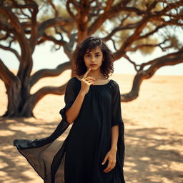 A girl standing under a dark, sprawling tree in a vast desert area, her expression serene and blank
