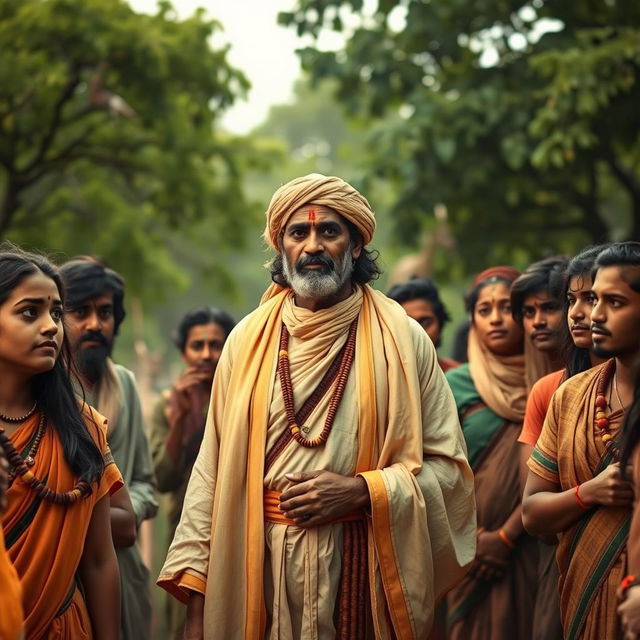 A scene depicting a dramatized historical moment where a Bishnoi individual stands strong, surrounded by a group of devoted followers