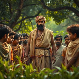 A scene depicting a dramatized historical moment where a Bishnoi individual stands strong, surrounded by a group of devoted followers