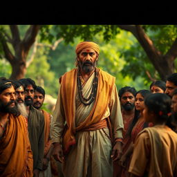 A scene depicting a dramatized historical moment where a Bishnoi individual stands strong, surrounded by a group of devoted followers