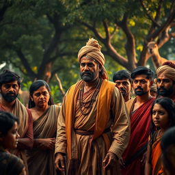 A scene depicting a dramatized historical moment where a Bishnoi individual stands strong, surrounded by a group of devoted followers