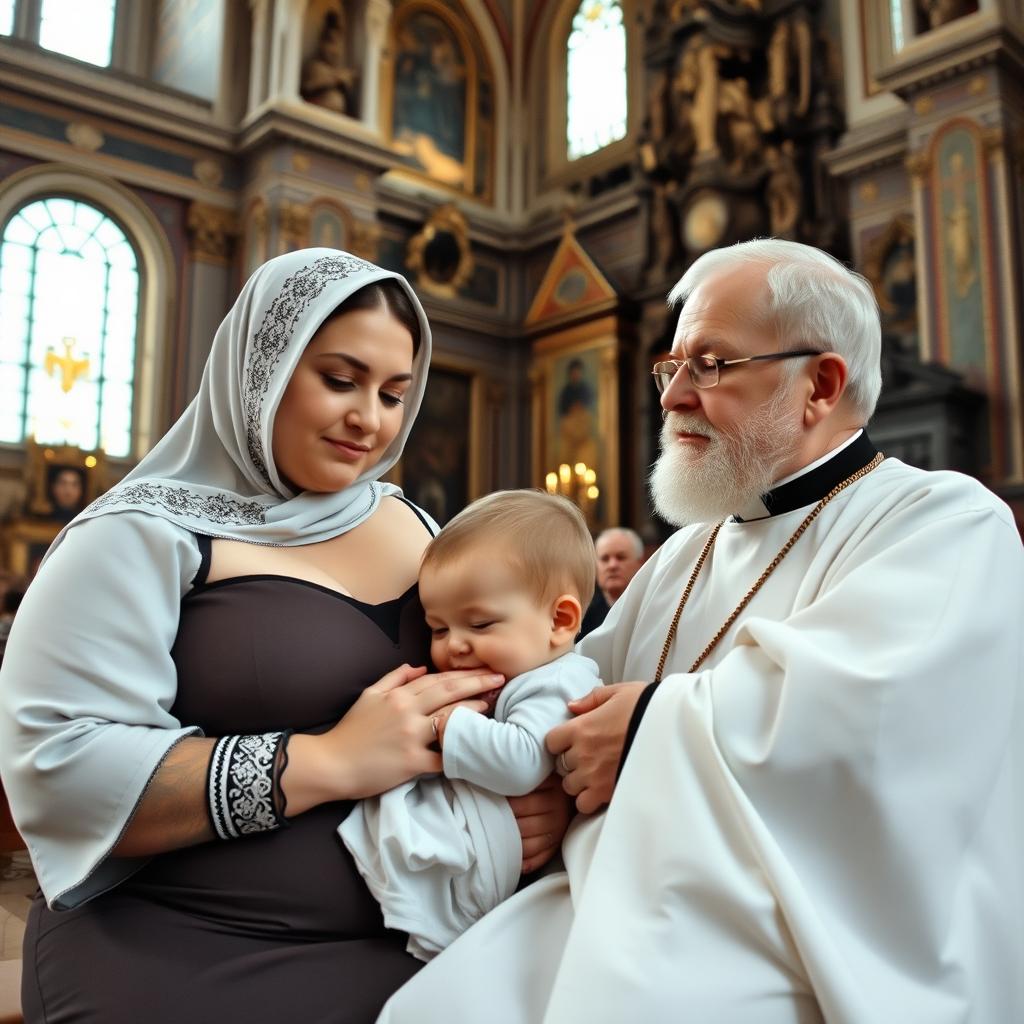 A beautiful voluptuous Russian woman wearing a traditional head covering is publicly breastfeeding her 6-year-old son while sitting next to a priest in a grand cathedral