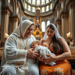 A beautiful voluptuous Russian woman wearing a traditional head covering is publicly breastfeeding her 6-year-old son while sitting next to a priest in a grand cathedral
