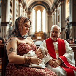 A beautiful voluptuous Russian woman wearing a traditional head covering is publicly breastfeeding her 6-year-old son while sitting next to a priest in a grand cathedral