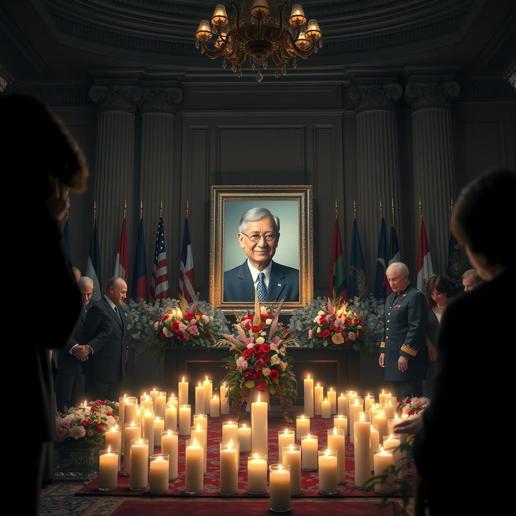 A dramatic and solemn depiction of a fictional political event, featuring a serene memorial scene with candles and flowers surrounding a portrait of a respected leader in a grand hall