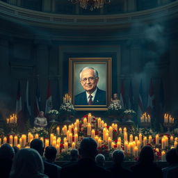 A dramatic and solemn depiction of a fictional political event, featuring a serene memorial scene with candles and flowers surrounding a portrait of a respected leader in a grand hall