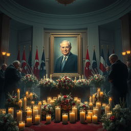 A dramatic and solemn depiction of a fictional political event, featuring a serene memorial scene with candles and flowers surrounding a portrait of a respected leader in a grand hall