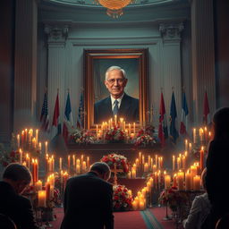 A dramatic and solemn depiction of a fictional political event, featuring a serene memorial scene with candles and flowers surrounding a portrait of a respected leader in a grand hall