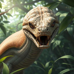A highly detailed and realistic illustration of a snake-like creature with a long, slender body and smooth, scaly skin