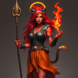 A woman with fiery hair that flows upwards like flames, embodying a sense of power and mystique, with vibrant red skin and deep black eyes that convey intensity