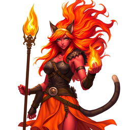 A woman with fiery hair that flows upwards like flames, embodying a sense of power and mystique, with vibrant red skin and deep black eyes that convey intensity