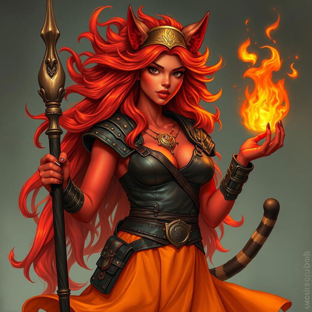 A woman with fiery hair that flows upwards like flames, embodying a sense of power and mystique, with vibrant red skin and deep black eyes that convey intensity