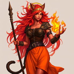A woman with fiery hair that flows upwards like flames, embodying a sense of power and mystique, with vibrant red skin and deep black eyes that convey intensity