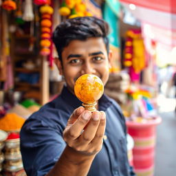 A person holding a traditional Indian Goli (marble), with a background setting of a vibrant market scene
