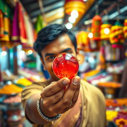 A person holding a traditional Indian Goli (marble), with a background setting of a vibrant market scene