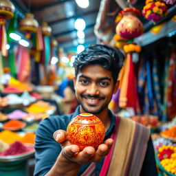 A person holding a traditional Indian Goli (marble), with a background setting of a vibrant market scene