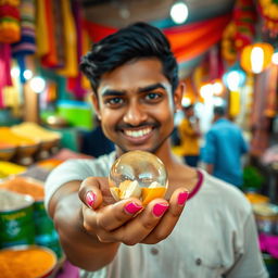 A person holding a traditional Indian Goli (marble), with a background setting of a vibrant market scene