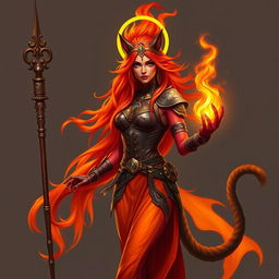 A woman with fiery hair that flows upwards like a blaze, showcasing a powerful presence, with vivid red skin and deep black eyes filled with intensity