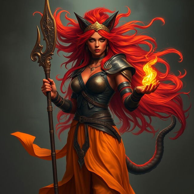 A woman with fiery hair that flows upwards like a blaze, showcasing a powerful presence, with vivid red skin and deep black eyes filled with intensity