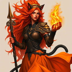 A woman with fiery hair that flows upwards like a blaze, showcasing a powerful presence, with vivid red skin and deep black eyes filled with intensity