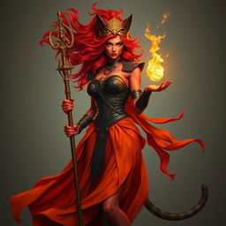 A woman with fiery hair that flows upwards like a blaze, showcasing a powerful presence, with vivid red skin and deep black eyes filled with intensity