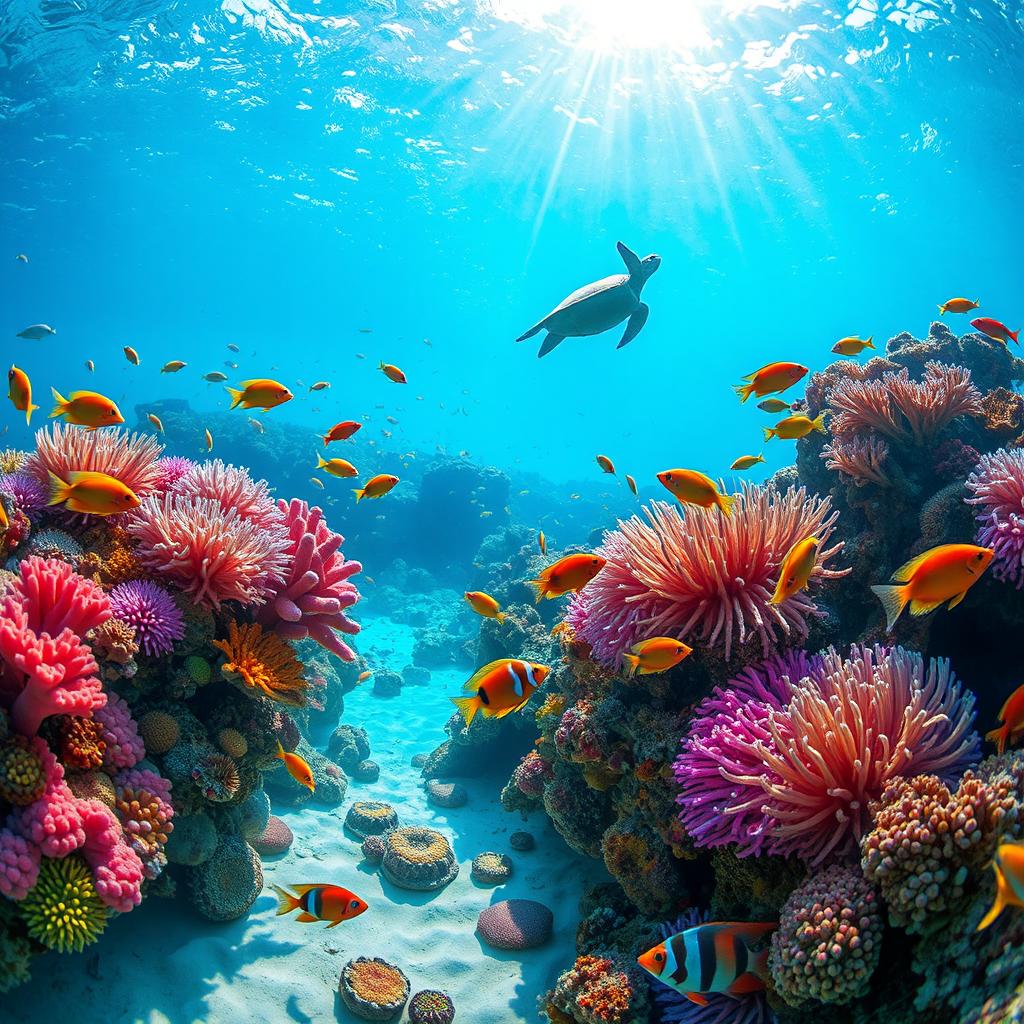 A vibrant underwater scene depicting a colorful coral reef teeming with diverse marine life, including tropical fish in a variety of shapes and sizes