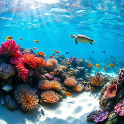 A vibrant underwater scene depicting a colorful coral reef teeming with diverse marine life, including tropical fish in a variety of shapes and sizes
