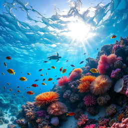 A vibrant underwater scene depicting a colorful coral reef teeming with diverse marine life, including tropical fish in a variety of shapes and sizes
