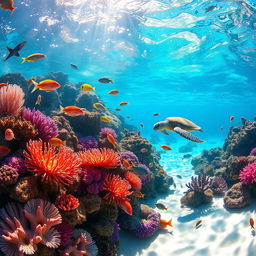 A vibrant underwater scene depicting a colorful coral reef teeming with diverse marine life, including tropical fish in a variety of shapes and sizes