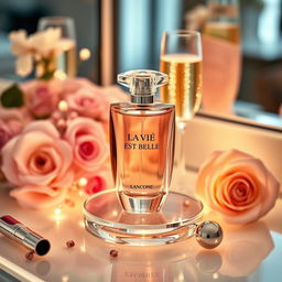 A beautifully arranged display of the Lancôme 'La Vie Est Belle' perfume bottle, elegantly perched on a glass surface with soft lighting that accentuates its curves