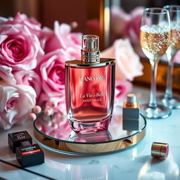 A beautifully arranged display of the Lancôme 'La Vie Est Belle' perfume bottle, elegantly perched on a glass surface with soft lighting that accentuates its curves
