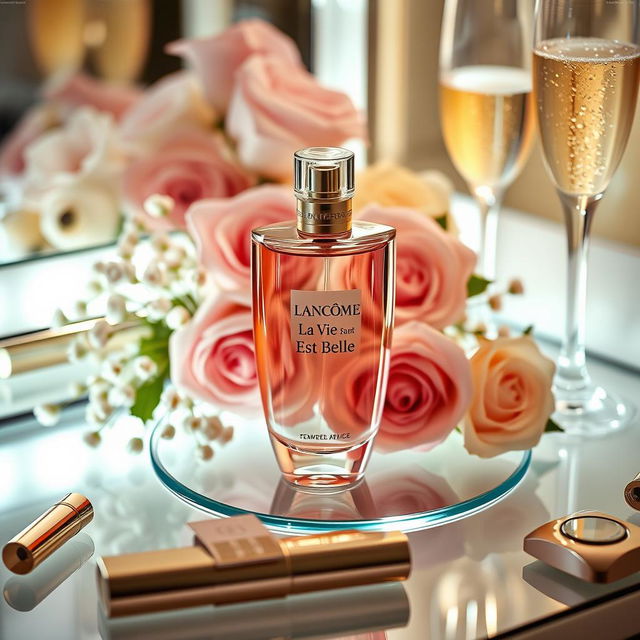 A beautifully arranged display of the Lancôme 'La Vie Est Belle' perfume bottle, elegantly perched on a glass surface with soft lighting that accentuates its curves