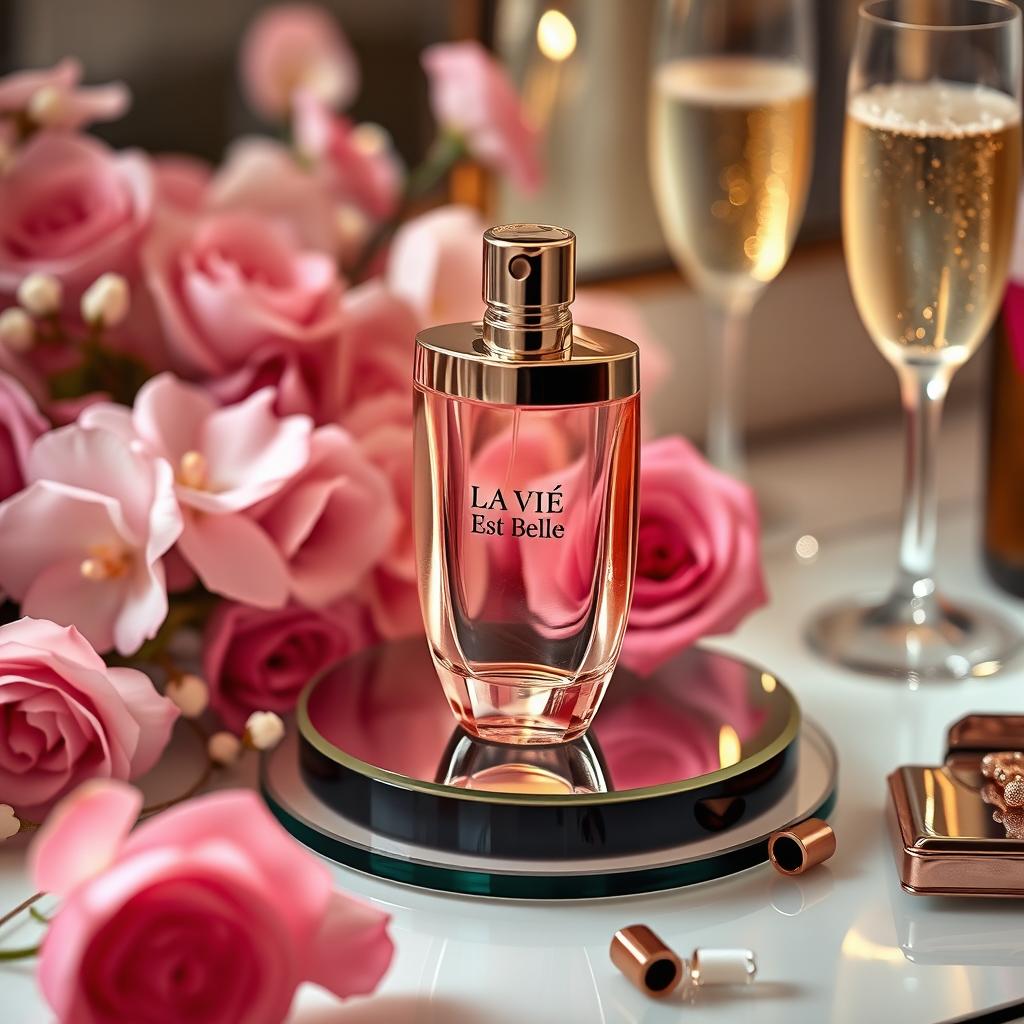 A beautifully arranged display of the Lancôme 'La Vie Est Belle' perfume bottle, elegantly perched on a glass surface with soft lighting that accentuates its curves