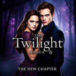 A captivating movie poster for "The Twilight Saga 6: The New Chapter" featuring Kristen Stewart as Bella Swan and Robert Pattinson as Edward Cullen