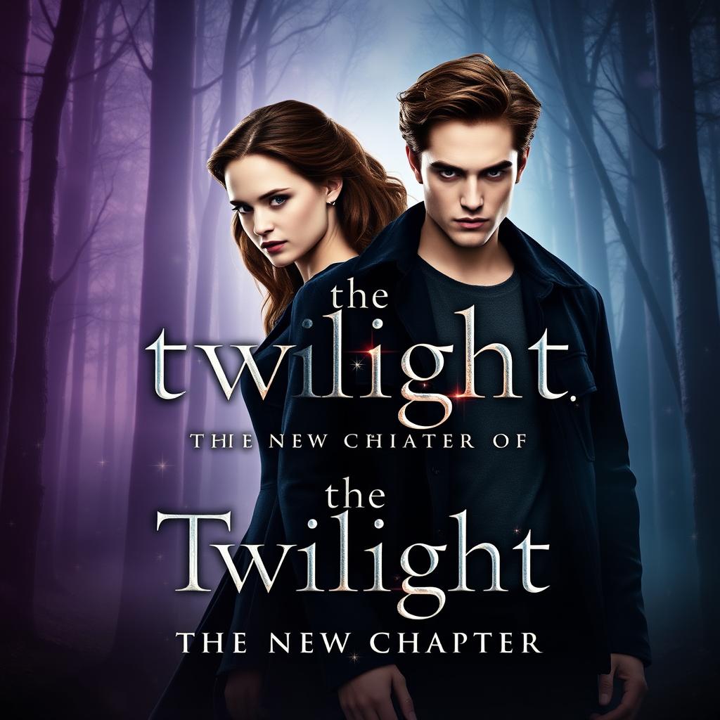 A captivating movie poster for "The Twilight Saga 6: The New Chapter" featuring Kristen Stewart as Bella Swan and Robert Pattinson as Edward Cullen