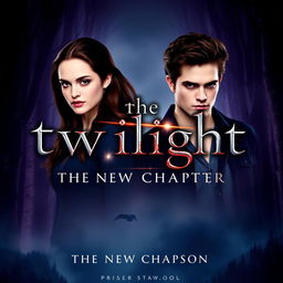 A captivating movie poster for "The Twilight Saga 6: The New Chapter" featuring Kristen Stewart as Bella Swan and Robert Pattinson as Edward Cullen