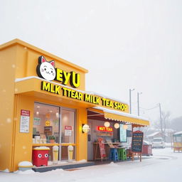 A cozy winter scene featuring a quaint milk tea shop in the foreground, designed with a cheerful yellow color palette