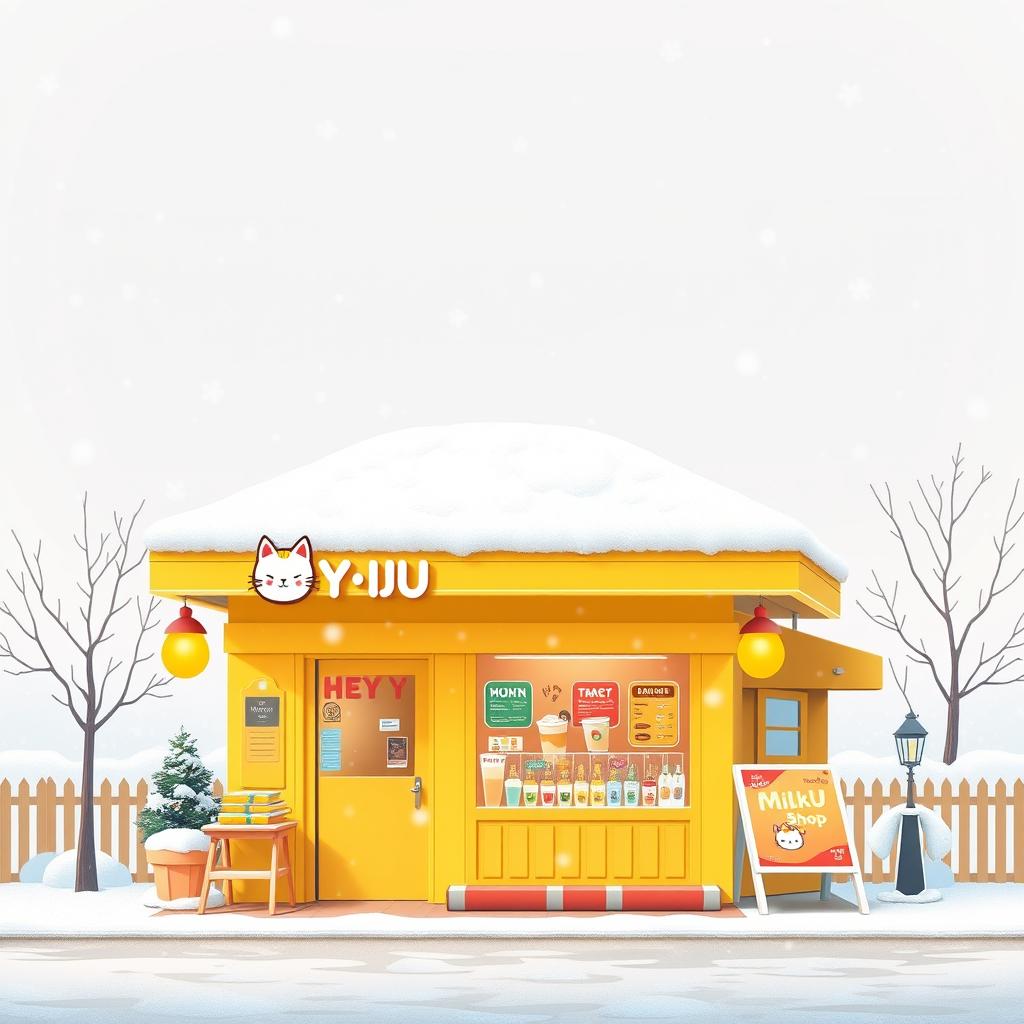 A cozy winter scene featuring a quaint milk tea shop in the foreground, designed with a cheerful yellow color palette