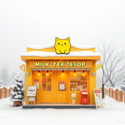 A cozy winter scene featuring a quaint milk tea shop in the foreground, designed with a cheerful yellow color palette